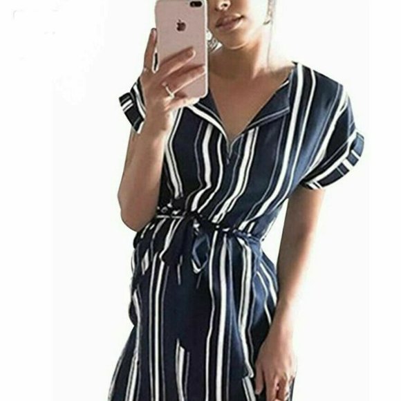 Blue White Stripe Summer Dress with Belt - Picture 2 of 5